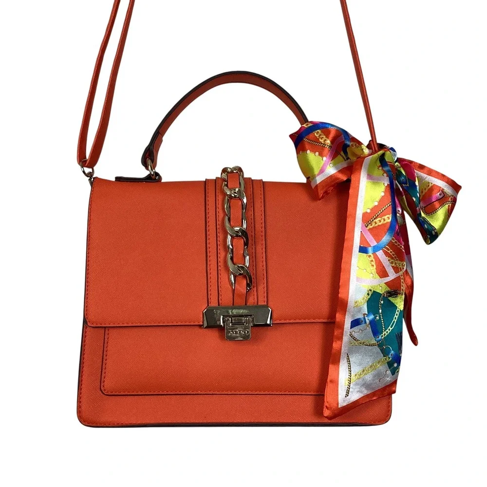 Aldo Orange Saffiano Satchel Handbag Gold Chain Scarf Accent Crossbody Bag